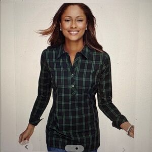 Talbots Size 16W Black and Green Plaid No Iron  Button Front Pullover Shirt